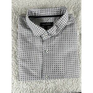 Jean Vernier  Men's White-Blue Geometric Print Stretch Modern Fit Shirt XXL